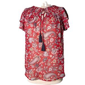 Knox Rose Red Paisley Print Tassel Short Ruffle Sleeve Blouse Size Small